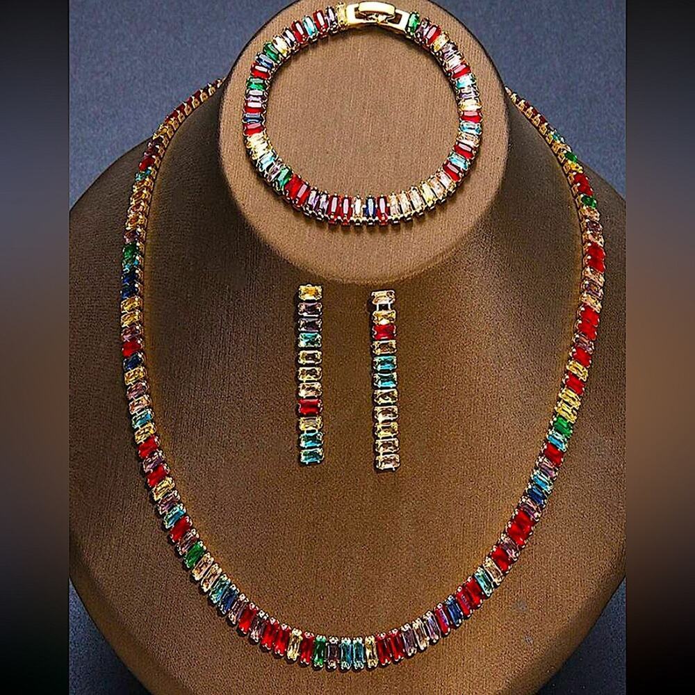 Gold Baguette Multicolor Rhinestone Choker Earrings Bracelet Matching Set 18k